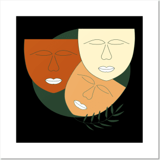 Abstract shape art with line art and faces in earth tones Posters and Art